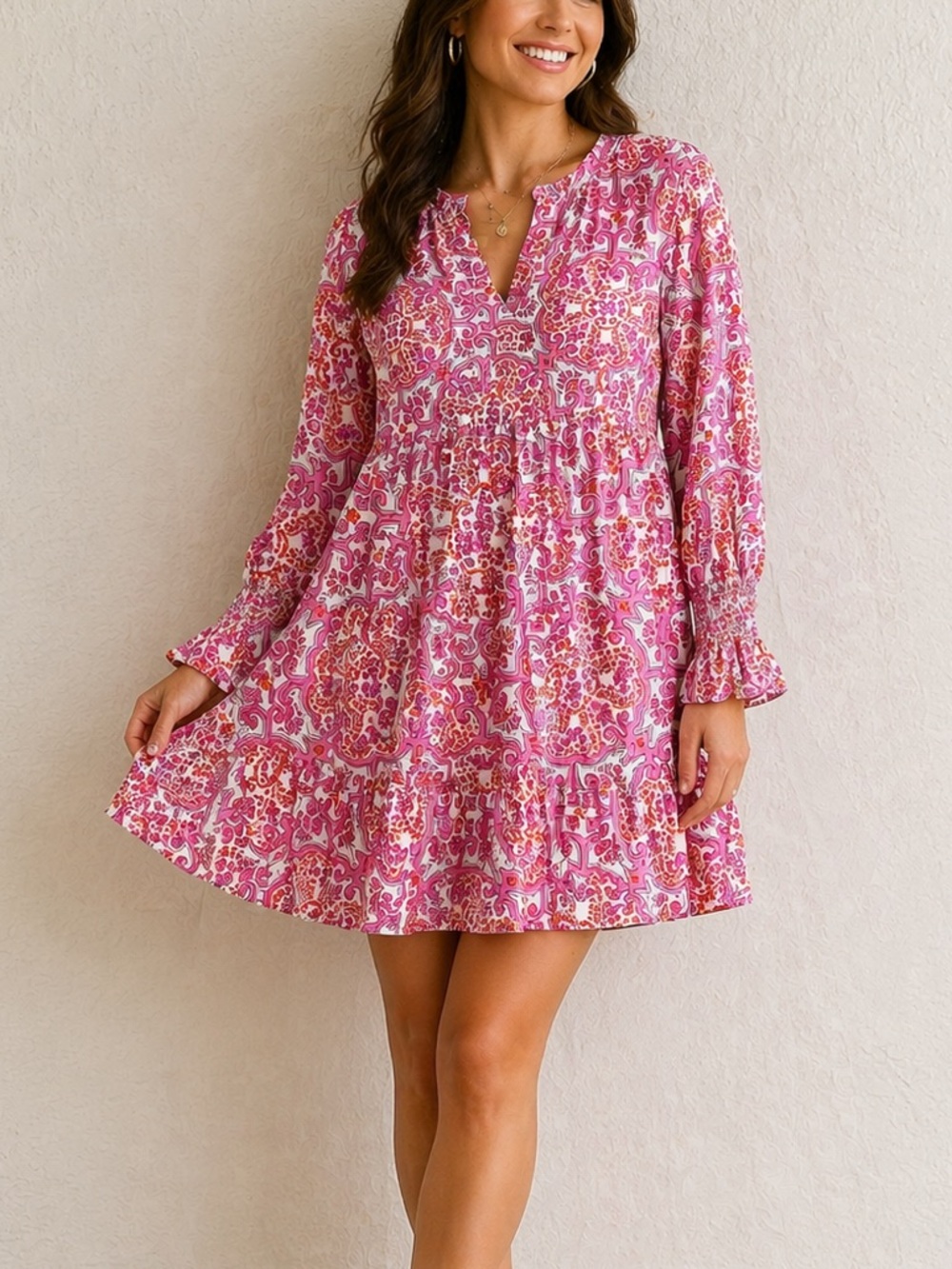 Tuckernuck Pink Paisley Print Babydoll Dress Tiered Boho Peasant Casual Chic L